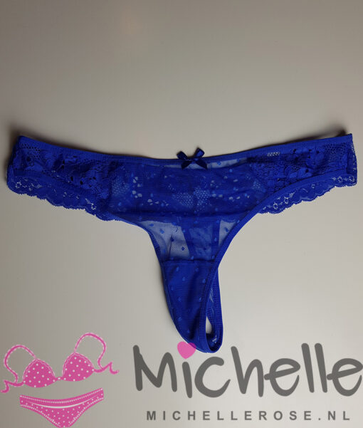 Blauwe doorschijnende string met kant