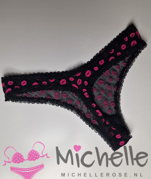 Zwarte string met roze kuslipjes - Afbeelding 3
